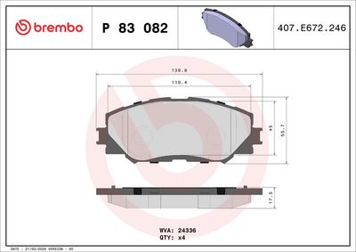 Комплект тормозных колодок, дисковый тормоз BREMBO P 83 082
