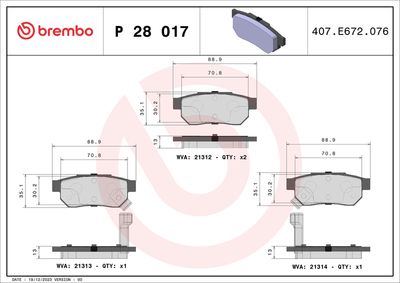 Комплект тормозных колодок, дисковый тормоз BREMBO P 28 017