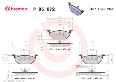 Комплект тормозных колодок, дисковый тормоз BREMBO P 85 072