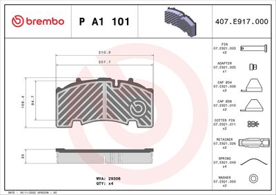 Bremžu uzliku kompl., Disku bremzes BREMBO P A1 101