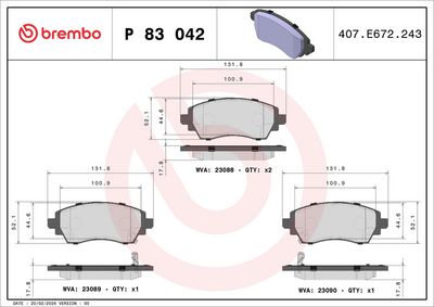Комплект тормозных колодок, дисковый тормоз BREMBO P 83 042