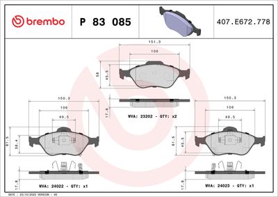 Комплект тормозных колодок, дисковый тормоз BREMBO P 83 085