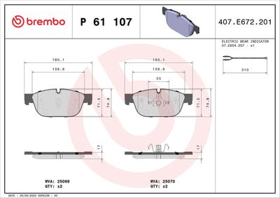 Комплект тормозных колодок, дисковый тормоз BREMBO P 61 107