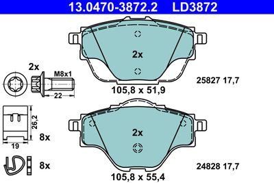 Комплект тормозных колодок, дисковый тормоз ATE 13.0470-3872.2