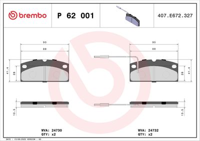 Комплект тормозных колодок, дисковый тормоз BREMBO P 62 001