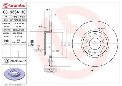 Тормозной диск BREMBO 08.9364.11