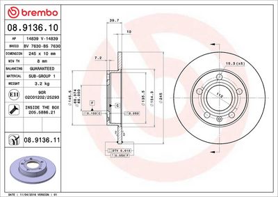 Тормозной диск BREMBO 08.9136.10