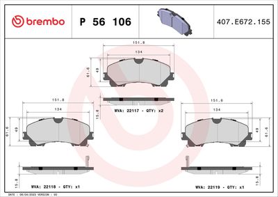 Комплект тормозных колодок, дисковый тормоз BREMBO P 56 106