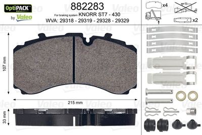 Bremžu uzliku kompl., Disku bremzes VALEO 882283