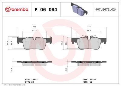 Комплект тормозных колодок, дисковый тормоз BREMBO P 06 094