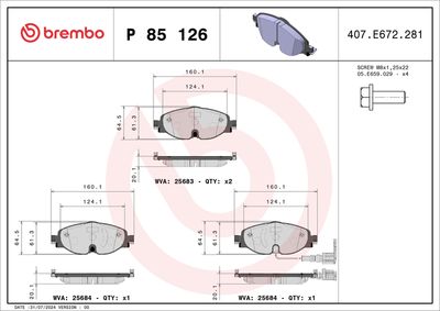 Комплект тормозных колодок, дисковый тормоз BREMBO P 85 126X