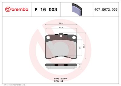 Bremžu uzliku kompl., Disku bremzes BREMBO P 16 003