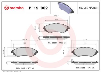 Комплект тормозных колодок, дисковый тормоз BREMBO P 15 002
