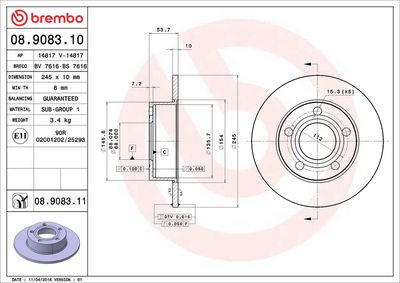 Тормозной диск BREMBO 08.9083.11