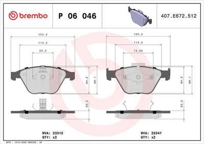 Комплект тормозных колодок, дисковый тормоз BREMBO P 06 046