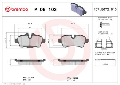 Комплект тормозных колодок, дисковый тормоз BREMBO P 06 103