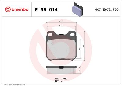 Комплект тормозных колодок, дисковый тормоз BREMBO P 59 014