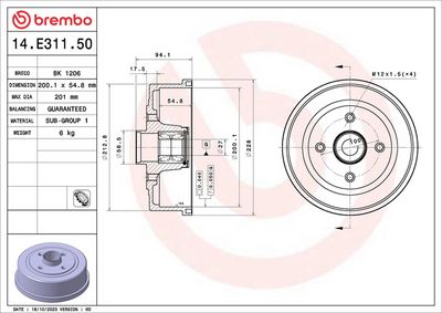 Bremžu trumulis BREMBO 14.E311.50
