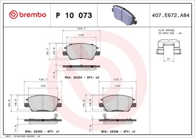Комплект тормозных колодок, дисковый тормоз BREMBO P 10 073