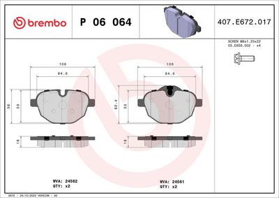 Комплект тормозных колодок, дисковый тормоз BREMBO P 06 064