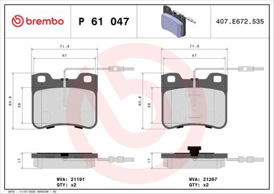 Комплект тормозных колодок, дисковый тормоз BREMBO P 61 047