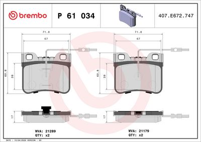 Комплект тормозных колодок, дисковый тормоз BREMBO P 61 034