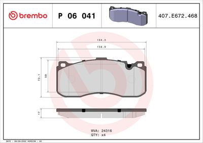Комплект тормозных колодок, дисковый тормоз BREMBO P 06 041