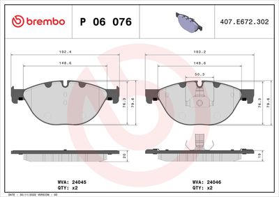 Комплект тормозных колодок, дисковый тормоз BREMBO P 06 076