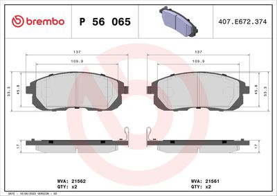 Комплект тормозных колодок, дисковый тормоз BREMBO P 56 065