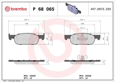 Комплект тормозных колодок, дисковый тормоз BREMBO P 68 065