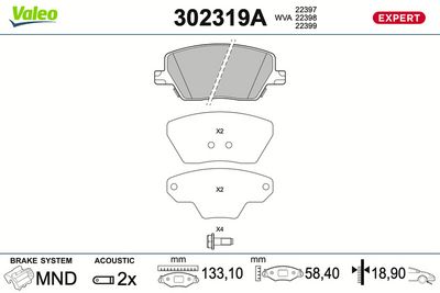 Bremžu uzliku kompl., Disku bremzes VALEO 302319A