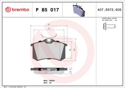 Комплект тормозных колодок, дисковый тормоз BREMBO P 85 017