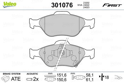 Комплект тормозных колодок, дисковый тормоз VALEO 301076