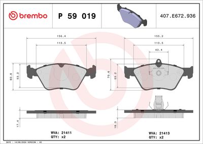 Комплект тормозных колодок, дисковый тормоз BREMBO P 59 019