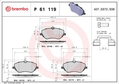 Комплект тормозных колодок, дисковый тормоз BREMBO P 61 119