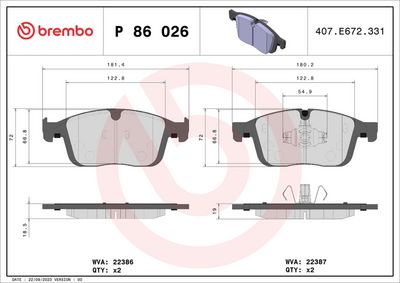 Комплект тормозных колодок, дисковый тормоз BREMBO P 86 026