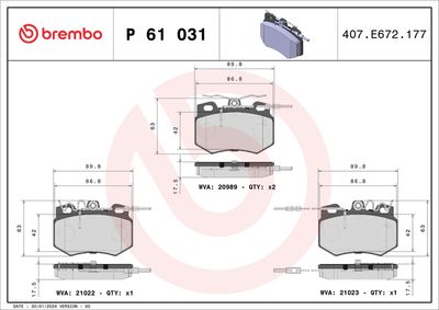 Комплект тормозных колодок, дисковый тормоз BREMBO P 61 031