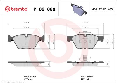 Комплект тормозных колодок, дисковый тормоз BREMBO P 06 060