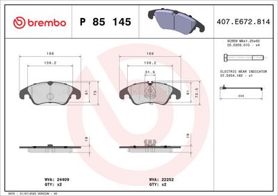 Bremžu uzliku kompl., Disku bremzes BREMBO P 85 145