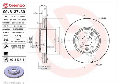 Тормозной диск BREMBO 09.8137.30