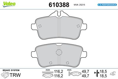 Bremžu uzliku kompl., Disku bremzes VALEO 610388