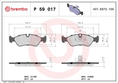 Комплект тормозных колодок, дисковый тормоз BREMBO P 59 017