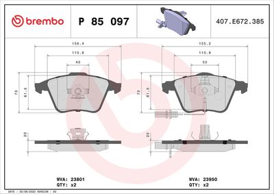 Комплект тормозных колодок, дисковый тормоз BREMBO P 85 097