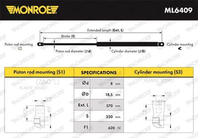 Газовая пружина, крышка багажник MONROE ML6409