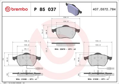 Комплект тормозных колодок, дисковый тормоз BREMBO P 85 037X