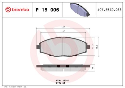 Комплект тормозных колодок, дисковый тормоз BREMBO P 15 006