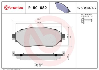 Комплект тормозных колодок, дисковый тормоз BREMBO P 59 082