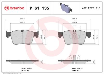 Bremžu uzliku kompl., Disku bremzes BREMBO P 61 135