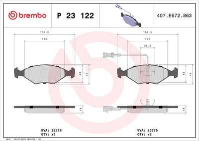 Комплект тормозных колодок, дисковый тормоз BREMBO P 23 122