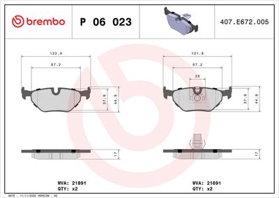 Комплект тормозных колодок, дисковый тормоз BREMBO P 06 023
